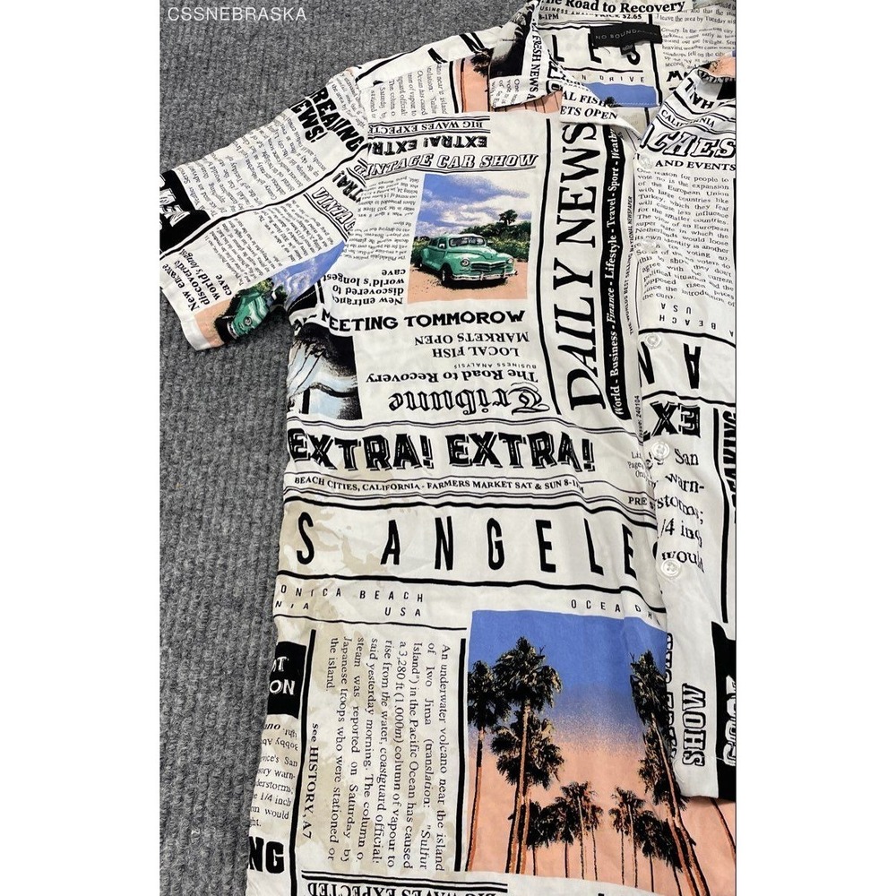 No Boundaries Men's Newspaper Print Rayon Button Down Shirt Palm Tree Car Sz M - Picture 5 of 10